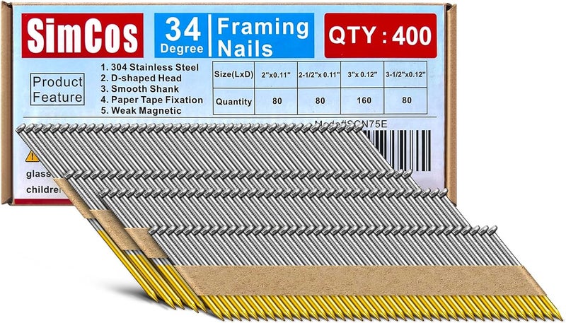SimCos 34-30 Degree Framing Nails 304 Stainless Steel D Head Paper Tape Strip Nails for 30 to 34 degree Framing Nailer (2"+2-1/2"+3"+3-1/2"-400 PCS) - Image 1